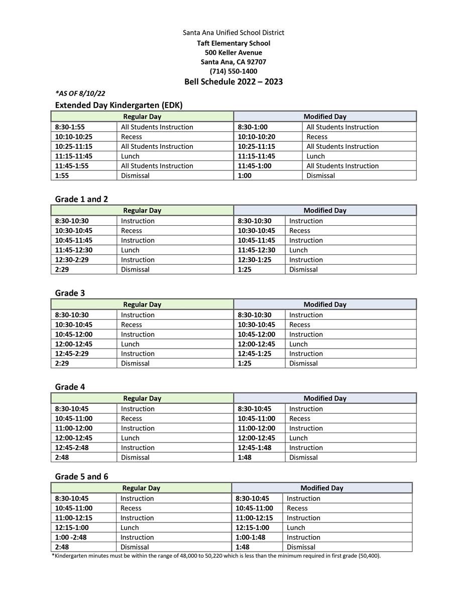 taft bell schedule 